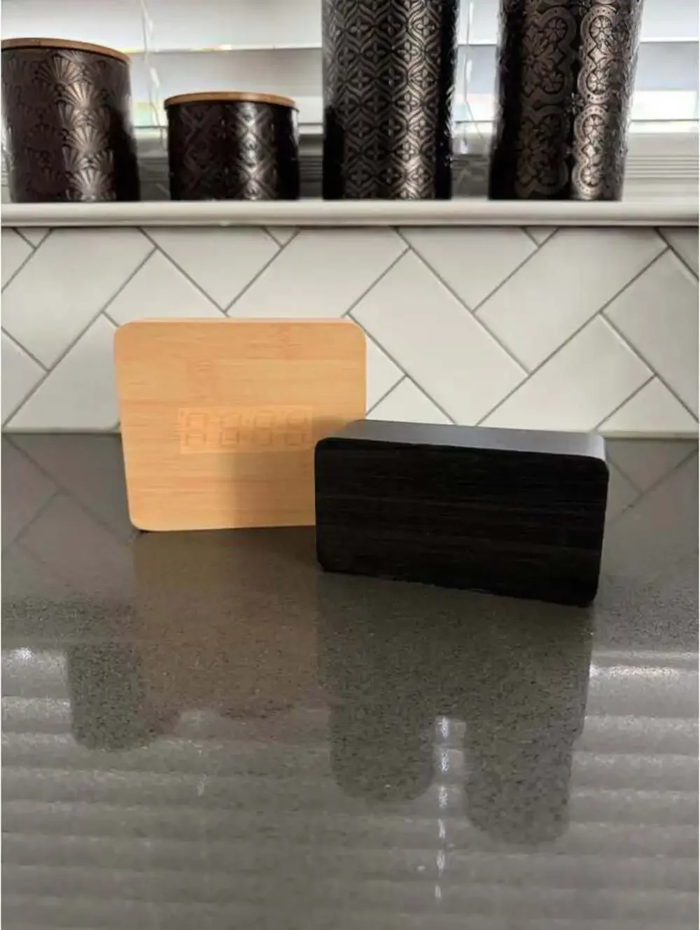 Two Digital Wood Alarm Clocks